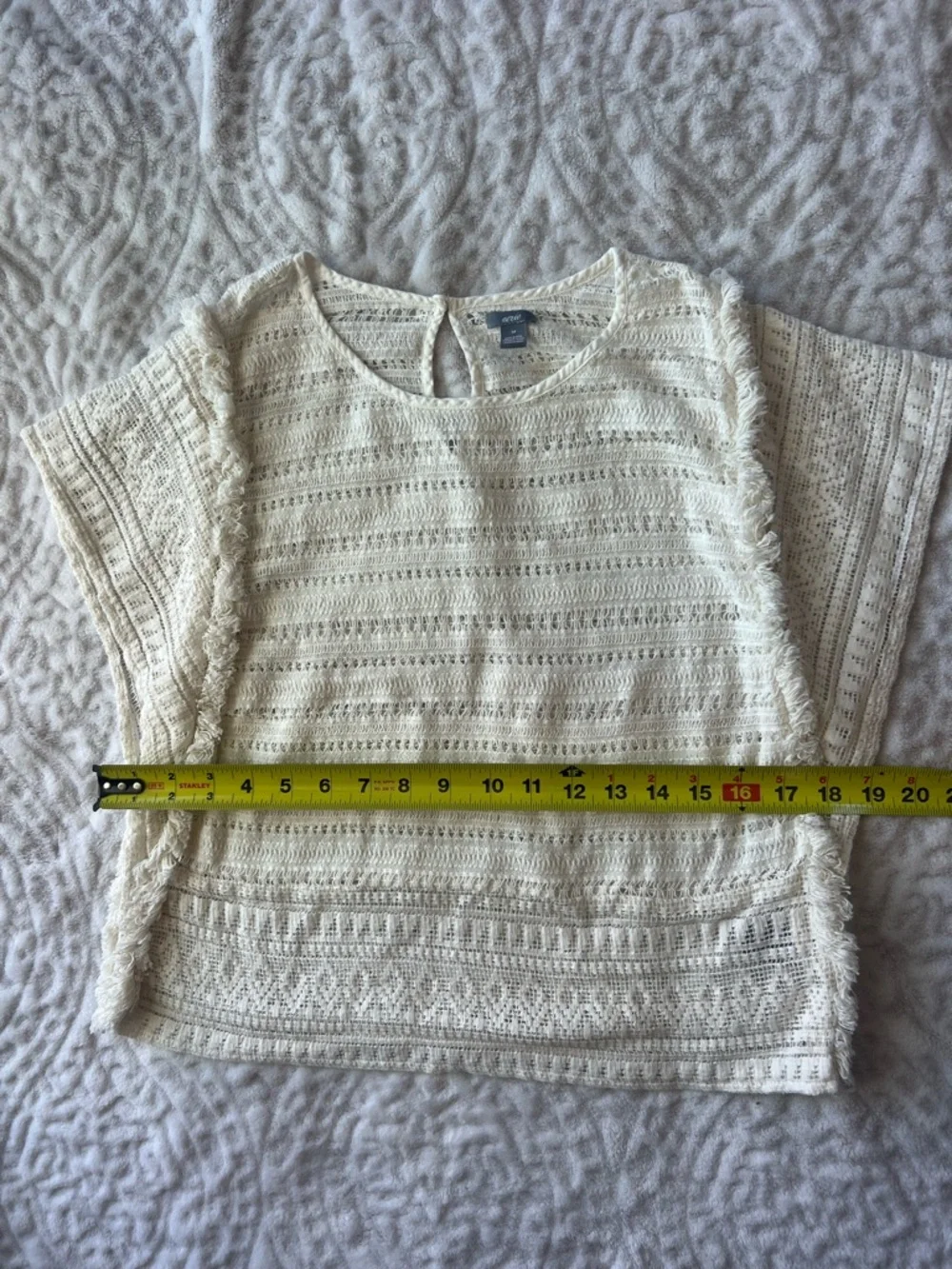 NWOT Aerie White Open-Knit Fringe Trim Short Sleeve Boho Top | Size M - Picture 6 of 10